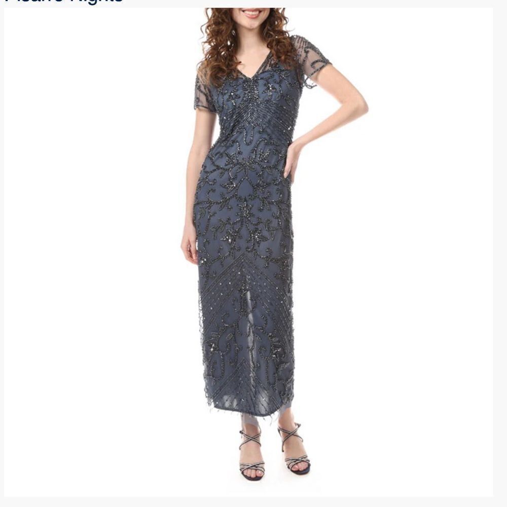 Pisarro Nights Beaded Long Short Sleeve Gown, Size 14, Charcoal Gray, NWT